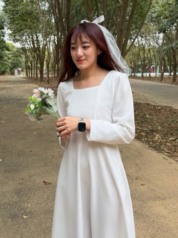 實拍S-2XL 長袖方領 白色洋裝 法式洋裝 輕婚紗 婚禮洋裝 黑色 登記洋裝 白洋裝 連身裙 婚宴服 長洋
