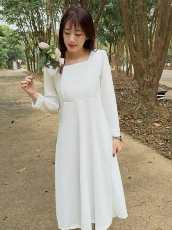 實拍S-2XL 長袖方領 白色洋裝 法式洋裝 輕婚紗 婚禮洋裝 黑色 登記洋裝 白洋裝 連身裙 婚宴服 長洋