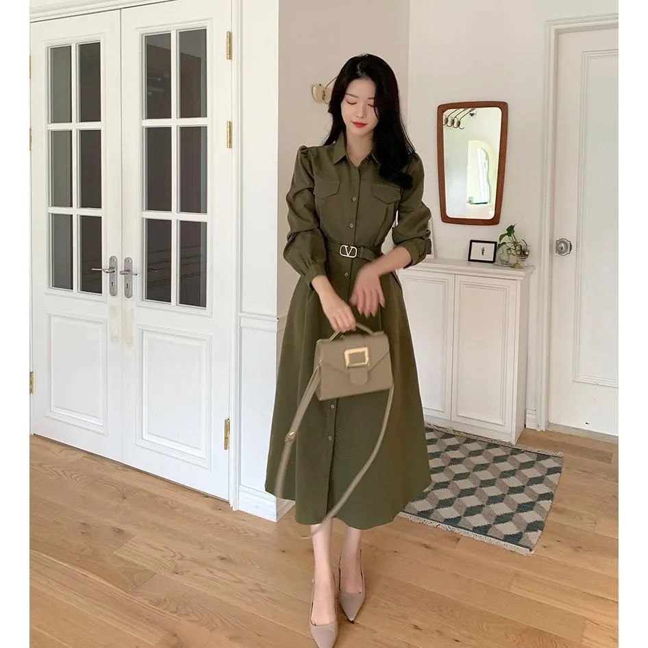 軍綠 兩件式套裝(洋裝+腰帶) 套裝女秋冬 個性套裝 韓國套裝 洋裝喜宴 婚禮穿搭 法式洋裝 冬天套裝