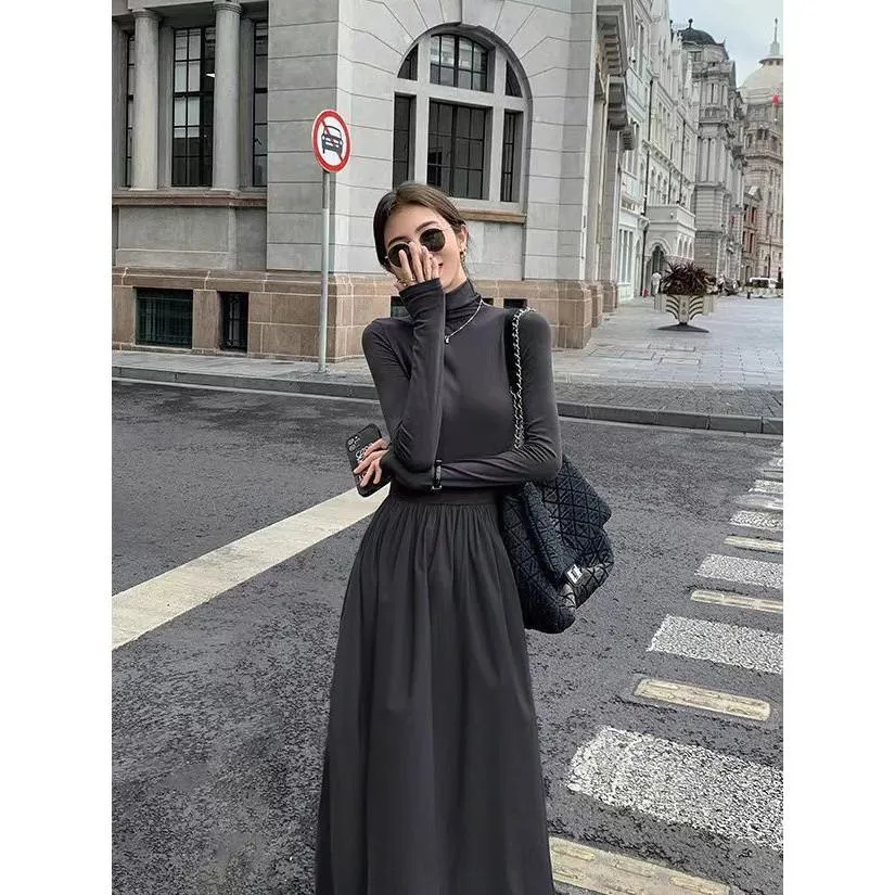 有尺碼 赫本風黑色拼接長洋裝 婚禮洋裝 春酒尾牙洋裝 高領顯瘦連衣裙 質感設計款