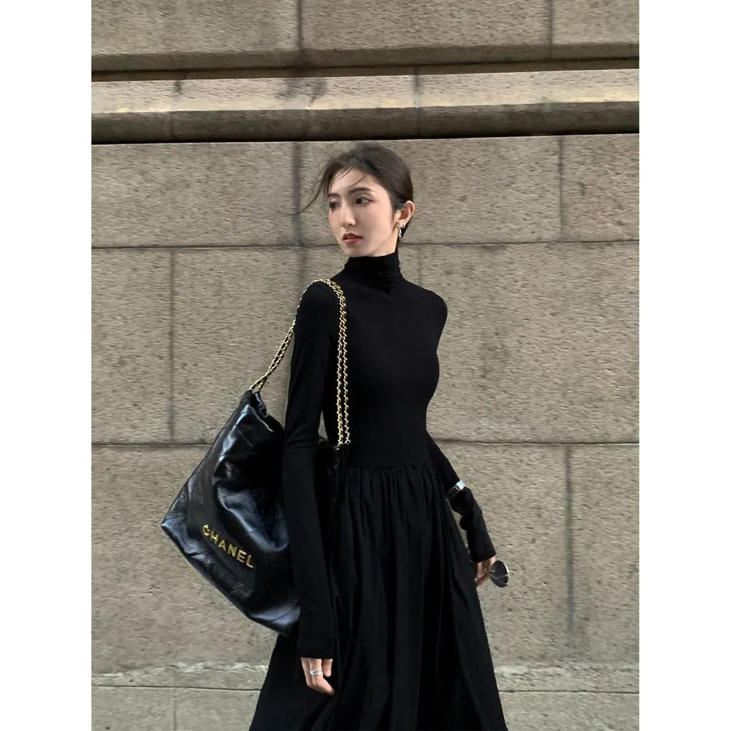 有尺碼 赫本風黑色拼接長洋裝 婚禮洋裝 春酒尾牙洋裝 高領顯瘦連衣裙 質感設計款