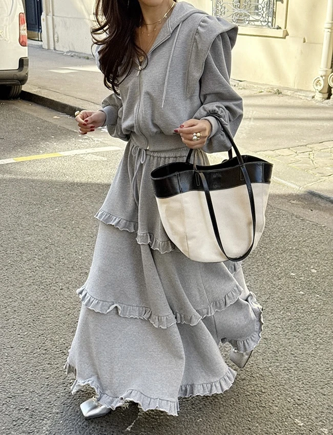 灰色連帽套裝裙 兩件式休閒套裝 荷葉邊蛋糕裙長裙 韓系甜美風 顯瘦遮肉 懶人必備 運動休閒風 運動裙裝 質感挺版