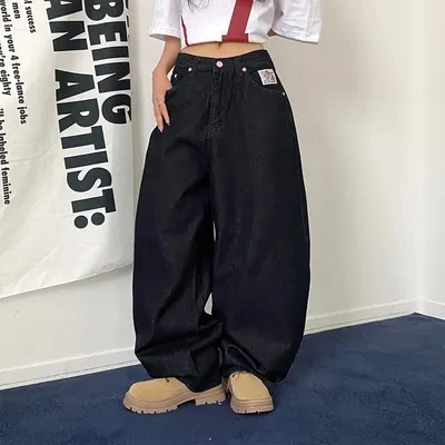 刺繡牛仔寬褲 顯瘦高腰 美式街頭 Y2K 嘻哈 顯腿長 百搭 滑板褲 潮流大尺碼 寬鬆長褲 遮肉 學生穿搭
