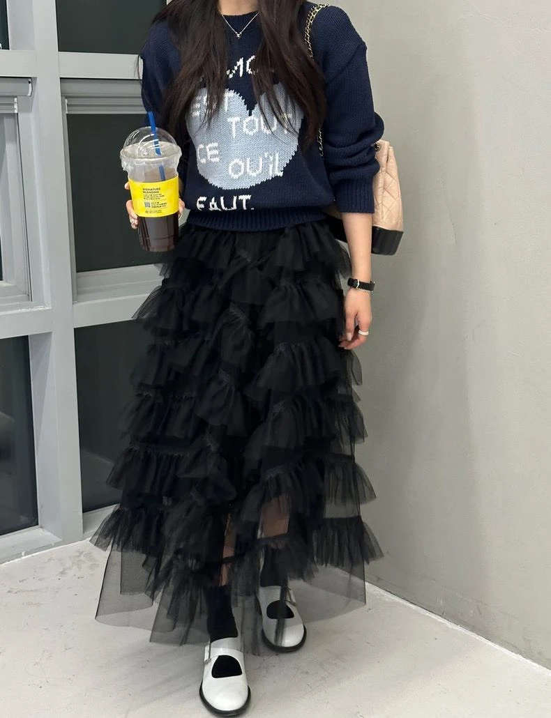 法式浪漫蛋糕紗裙 層次荷葉邊 高腰顯瘦 蓬鬆 韓系 仙女裙 百搭 長裙 約會 穿搭 必備 氣質 黑色 白色 質感