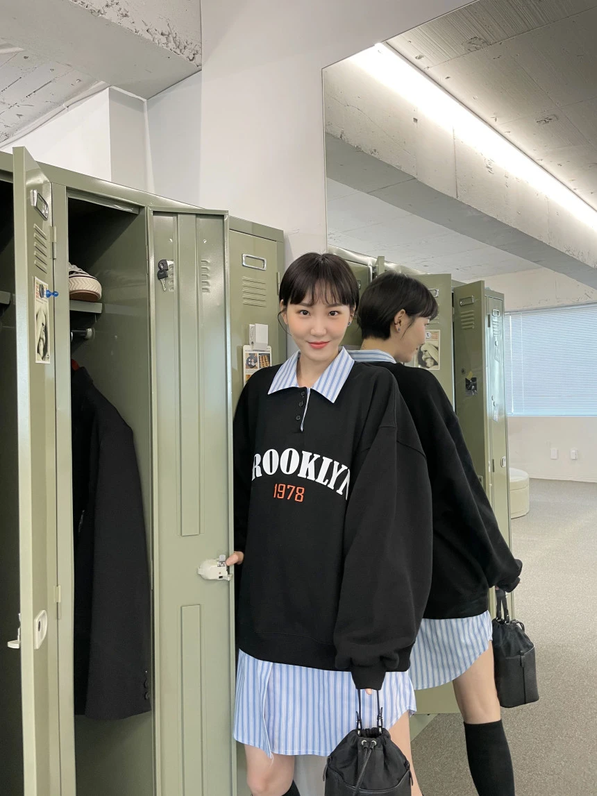 襯衫領假兩件連衣裙 學院風顯瘦寬鬆 字母印花美式休閒 假兩件洋裝 懶人穿搭 遮肉
