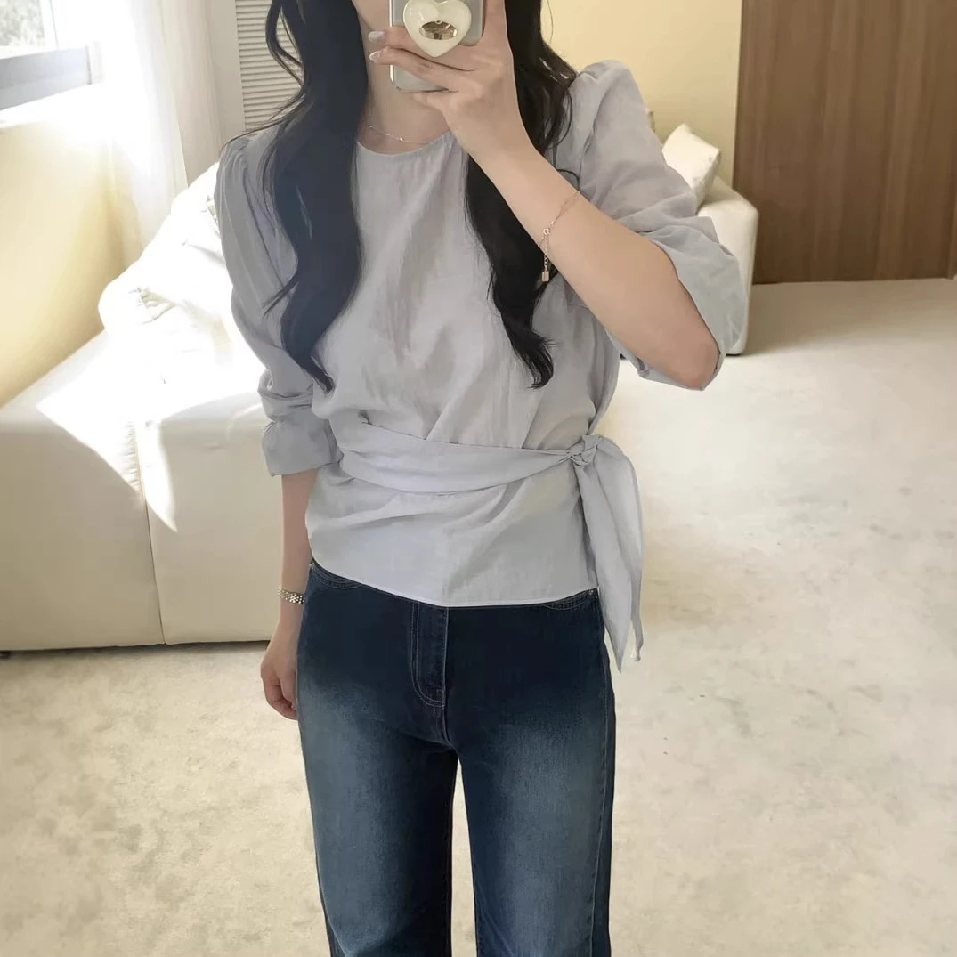 綁帶收腰圓領襯衫 顯瘦澎澎袖 韓系溫柔風 氣質百搭上衣 設計感繫帶 遮肉修身 質感微縐面料 多色入 森林系女裝