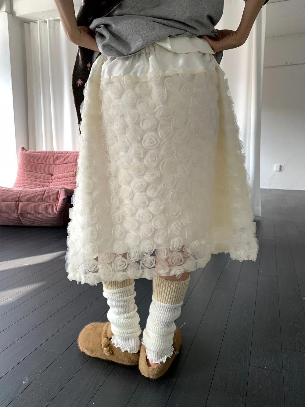 立體玫瑰高腰長裙 仙氣網紗裙 韓系浪漫 質感玫瑰花 顯瘦中長裙 唯美法式 森林系 鬆緊高腰 A字裙 蓬鬆感 夢幻穿搭 婚禮穿搭