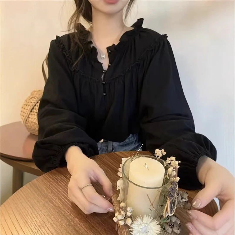 泡泡袖木耳邊襯衫 珍珠扣上衣 韓系燈籠袖襯衫 溫柔歐膩 質感肌理 大尺碼上衣