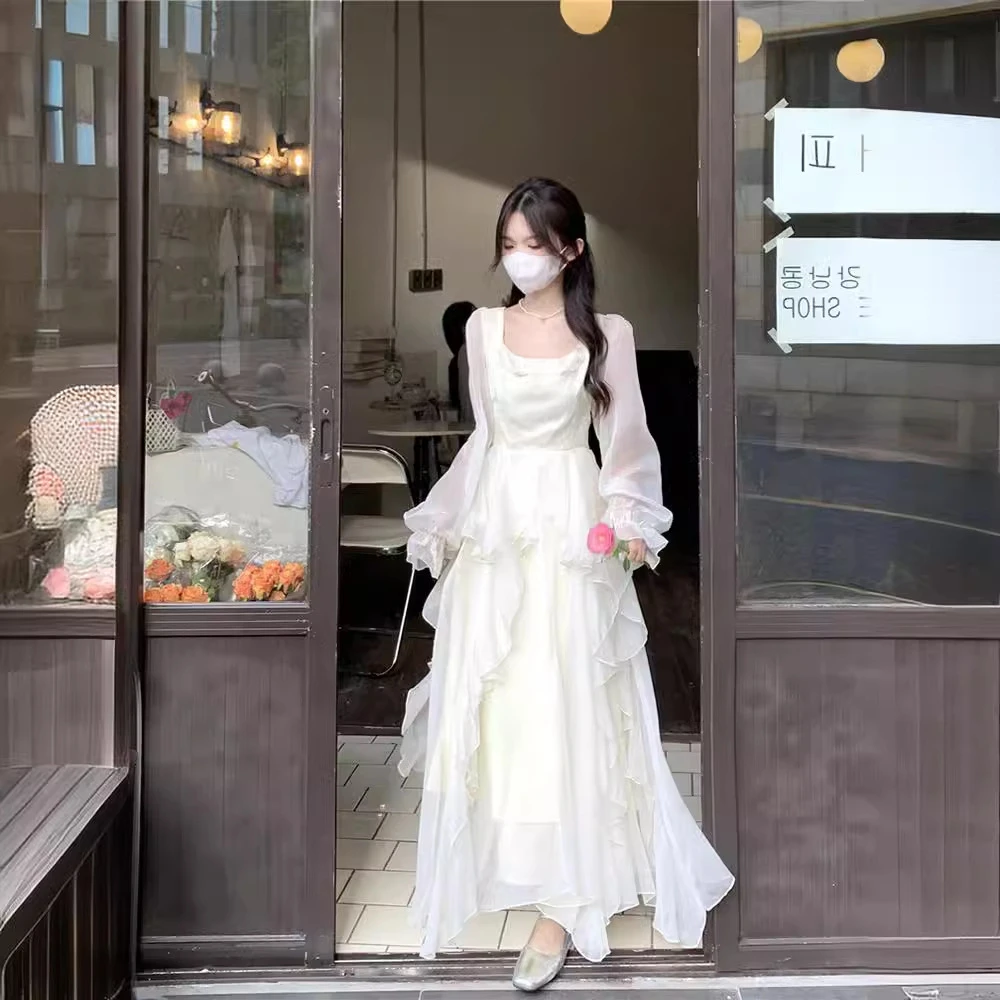 M-2XL法式荷葉長洋裝 仙氣浪漫多層次大裙擺 顯瘦高腰長裙 婚禮約會度假 質感雪紡透視袖 生日洋裝 輕婚紗