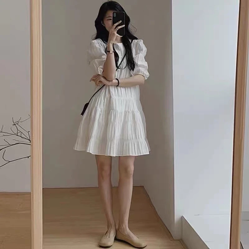 M-XL 泡泡袖白色連衣裙 蛋糕裙 仙氣白色短裙 遮肉約會穿搭 百搭質感洋裝 小個子洋裝 白色洋裝 結婚登記 輕婚紗
