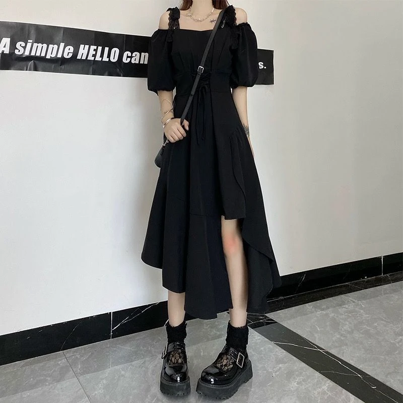 M-XL 赫本風不規則魚尾長裙 一字領開岔 A字裙 甜酷歐膩 黑色洋裝 大尺碼洋裝 小眾蕾絲