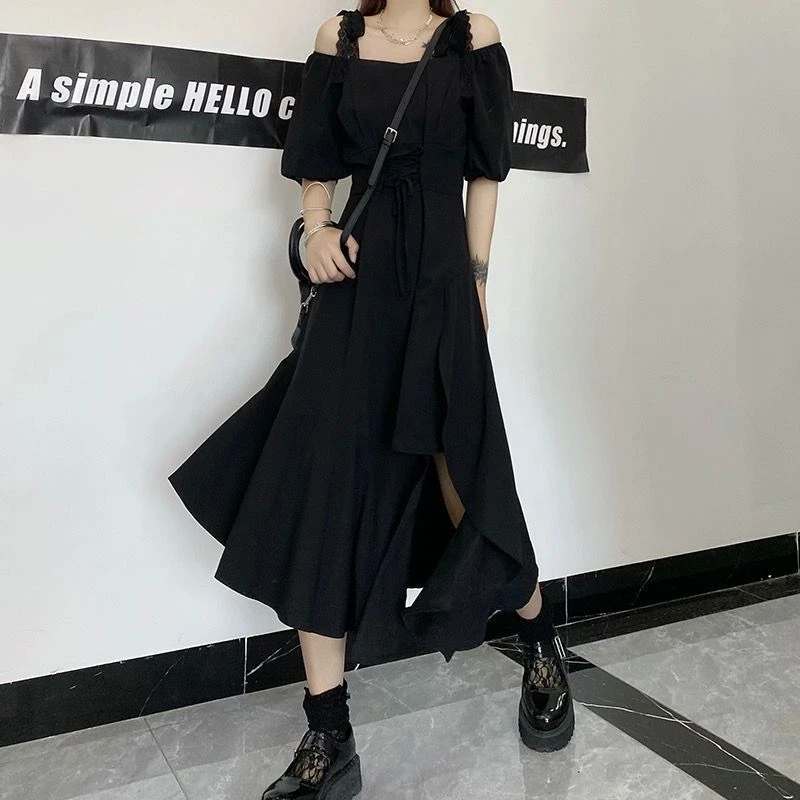 M-XL 赫本風不規則魚尾長裙 一字領開岔 A字裙 甜酷歐膩 黑色洋裝 大尺碼洋裝 小眾蕾絲