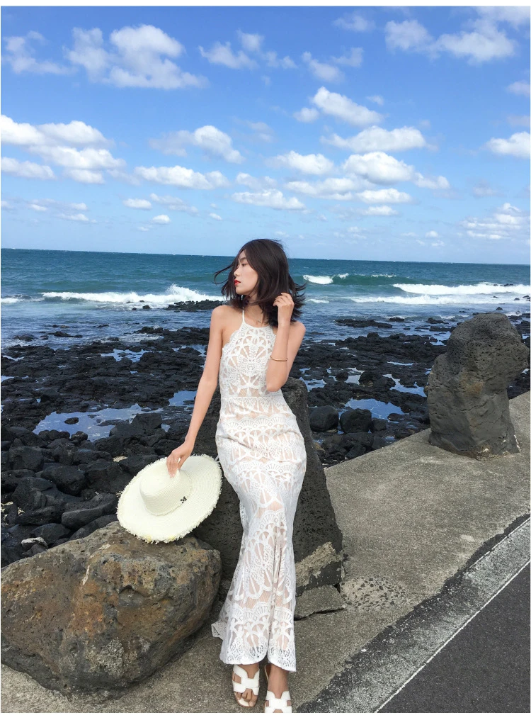 S-L 蕾絲掛脖魚尾連衣裙 法式露背性感顯瘦 婚禮約會度假洋裝 氣質 女神款 白色蕾絲 婚禮洋裝