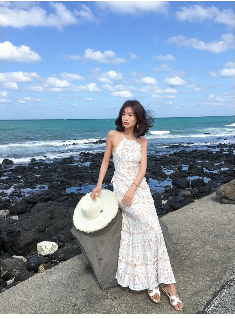 S-L 蕾絲掛脖魚尾連衣裙 法式露背性感顯瘦 婚禮約會度假洋裝 氣質 女神款 白色蕾絲 婚禮洋裝
