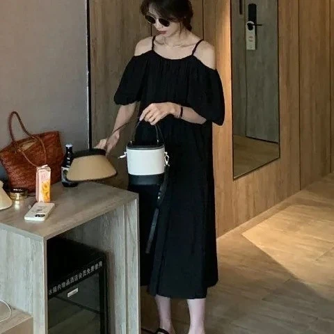 M-2XL露肩法式吊帶連衣裙 大尺碼洋裝 孕婦裝 寬鬆遮肉顯瘦泡泡袖 一字領露肩 出國度假約會
