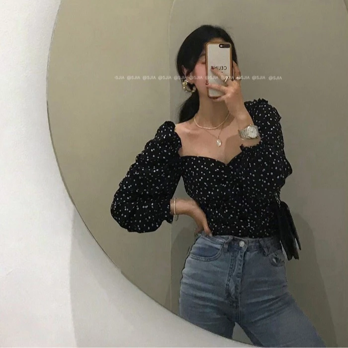 法式復古方領碎花上衣 一字領泡泡袖顯瘦 小眾設計感 甜美優雅氣質 收腰百搭 碎花長袖上衣