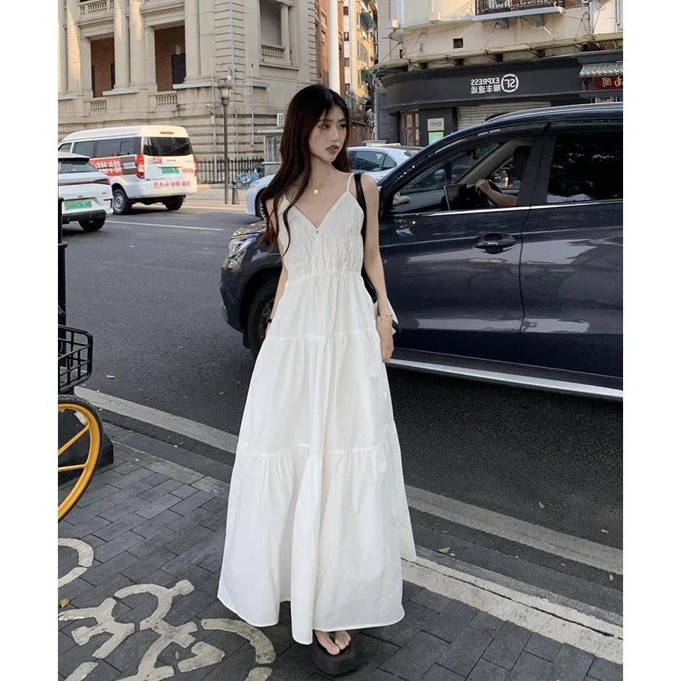S-XL 中大碼可 蛋糕白色吊帶長裙 露背蛋糕裙  仙女 長洋裝 大尺碼洋裝 A字長裙 輕婚紗 結婚 海邊穿搭 白色洋裝