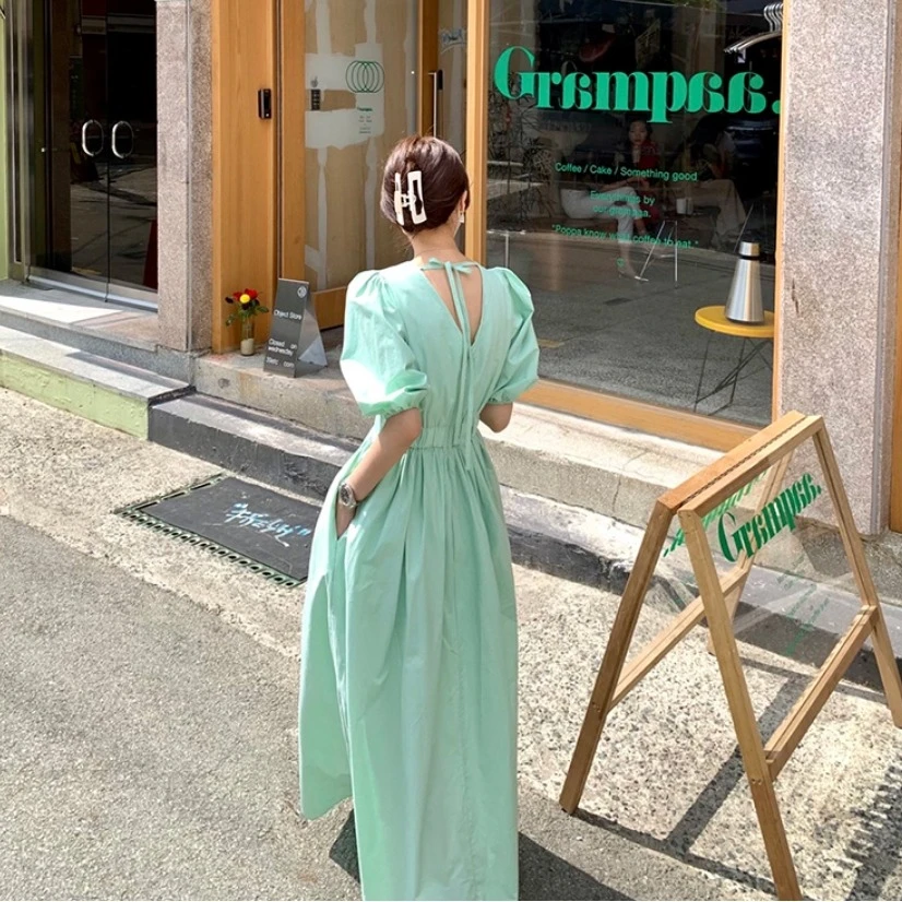 復古方領泡泡袖連衣裙 法式 顯瘦 高腰 長裙 韓系 美背 後綁帶 渡假 穿搭 遮肉 A字裙 氣質 蓬鬆袖