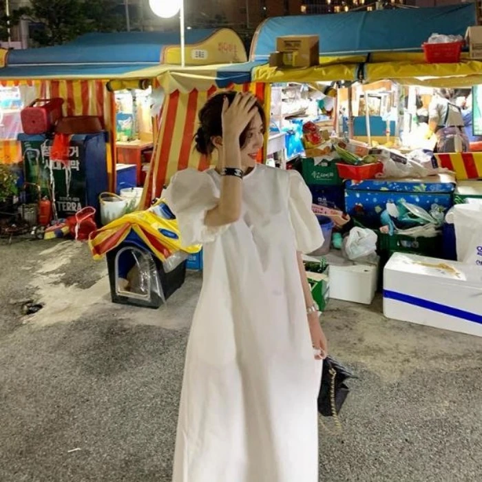 泡泡袖長裙 韓系 圓領 寬鬆 顯瘦 慵懶風 質感 簡約 長洋裝 渡假 穿搭 五分袖 連衣裙 出國 遮肉 氣質