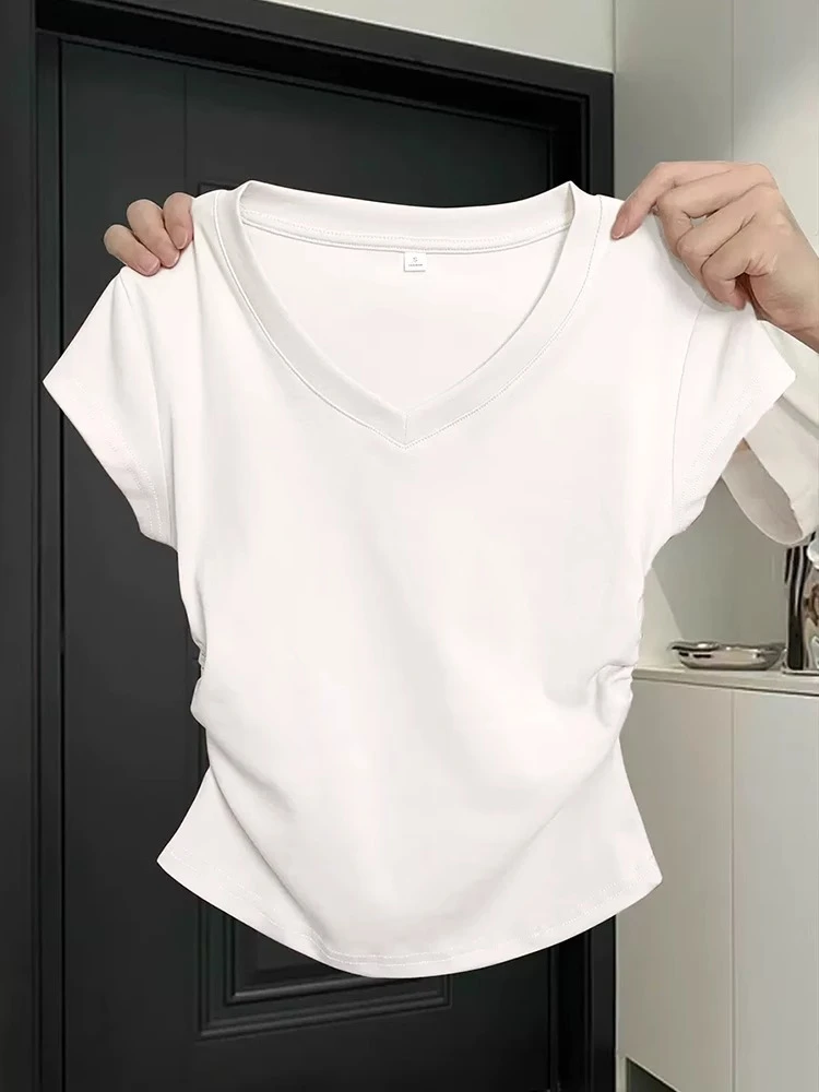 S-2XL 正肩顯瘦 收腰遮腹 純棉V領短袖上衣 女 韓系 修身 顯瘦 側邊抓皺 圓弧下擺 百搭素色 T恤 百搭 基本款