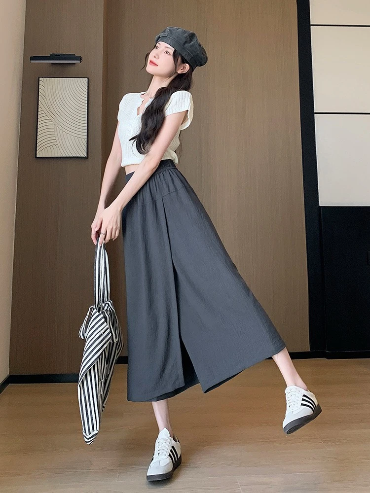 涼感遮肉褲裙 小個子穿搭 顯瘦高腰 鬆緊腰 寬褲 裙褲 韓系 慵懶風 垂墜感 百搭 氣質 闊腿長褲 涼感 顯腿長