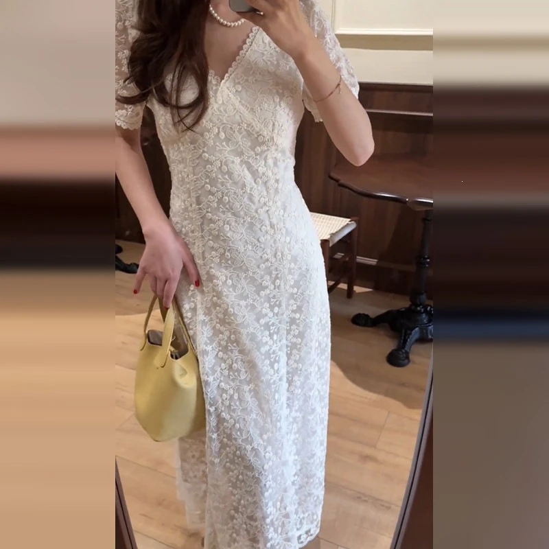 M-L 復古超長版 蕾絲連衣裙 法式  V領 鉤花 長洋裝 A字長裙 婚紗照 婚禮 伴娘 結婚禮服