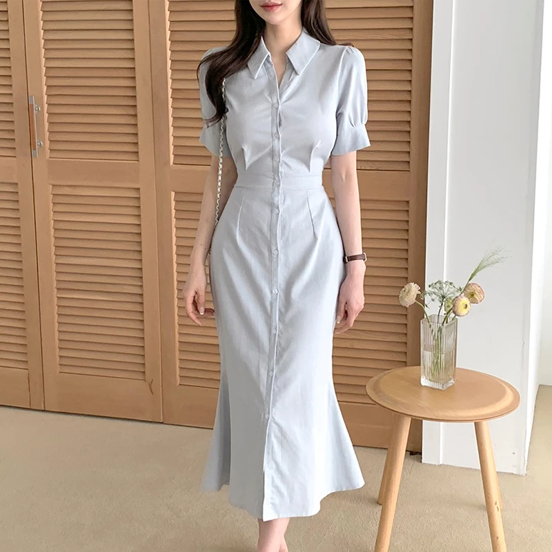 翻領排扣收腰連衣裙 短袖 顯瘦 傘擺 長裙 韓系 慵懶風 鬆弛感 法式 復古