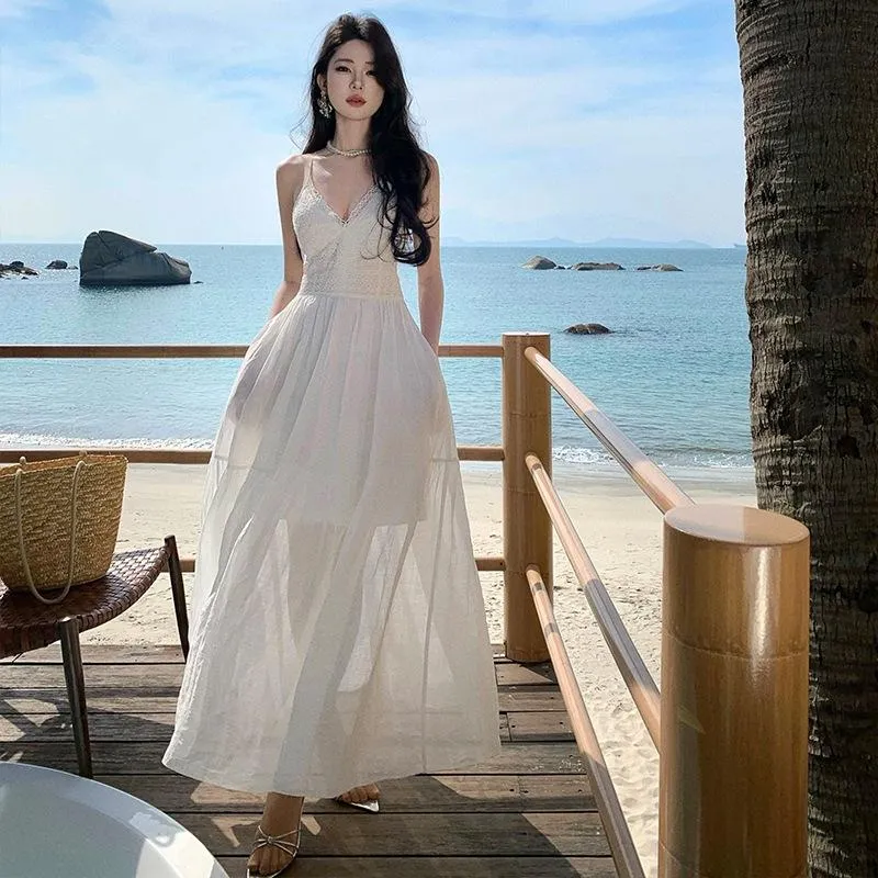 露背超長版 綁帶溫柔長裙 氛圍感洋裝 白色洋裝 海邊洋裝 度假洋裝 仙女洋裝 大尺碼洋裝 法式洋裝 輕婚紗
