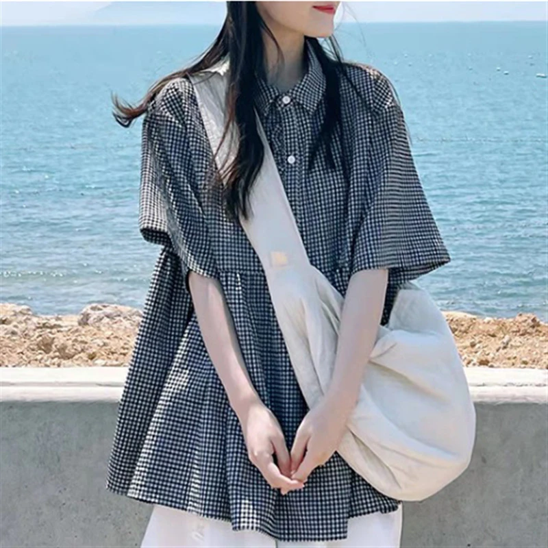 日系格紋寬鬆襯衫