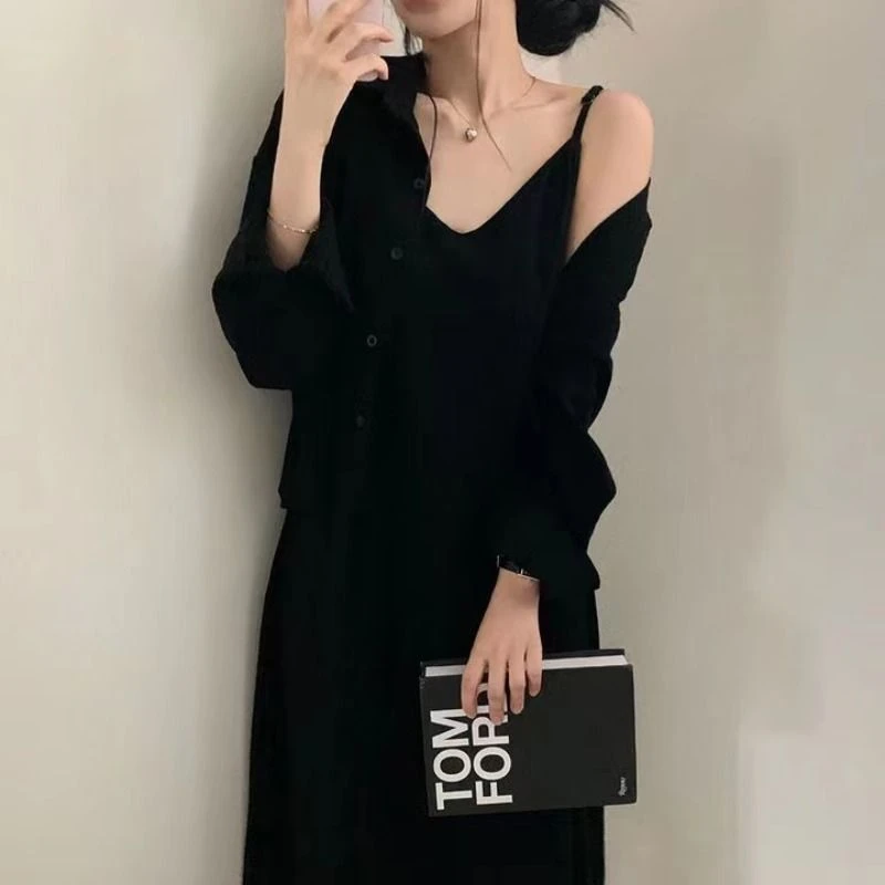 吊帶連衣裙 襯衫套裝 兩件式 韓系慵懶風 顯瘦 質感 深棕色 長裙 氣質 百搭 套裝洋裝 森林系 文藝風 襯衫外套