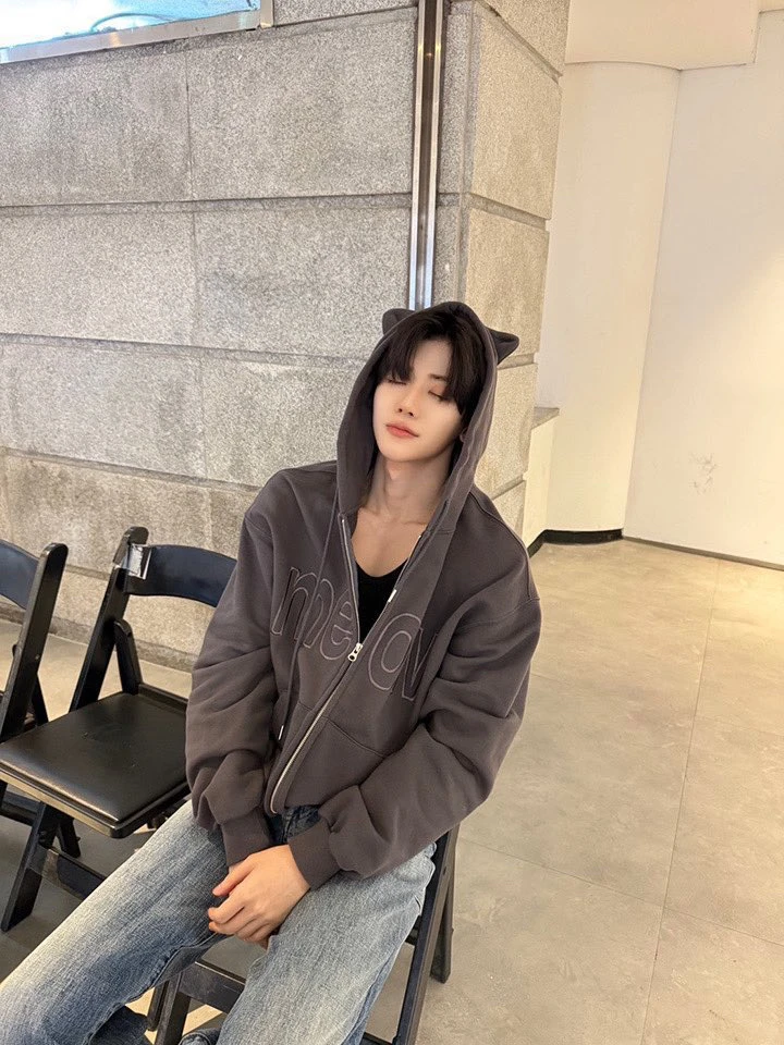 【itzavibe】MEOW CAT EAR HOODIE ZIP UP - CHARCOAL羅渽民同款連帽外套