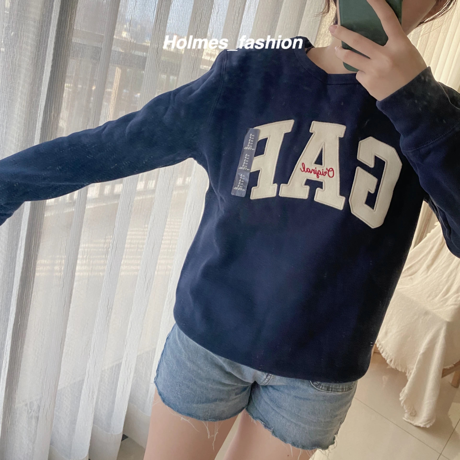 [Holmes]GAP 刷毛刺繡 男版圓領大學踢 深藍S