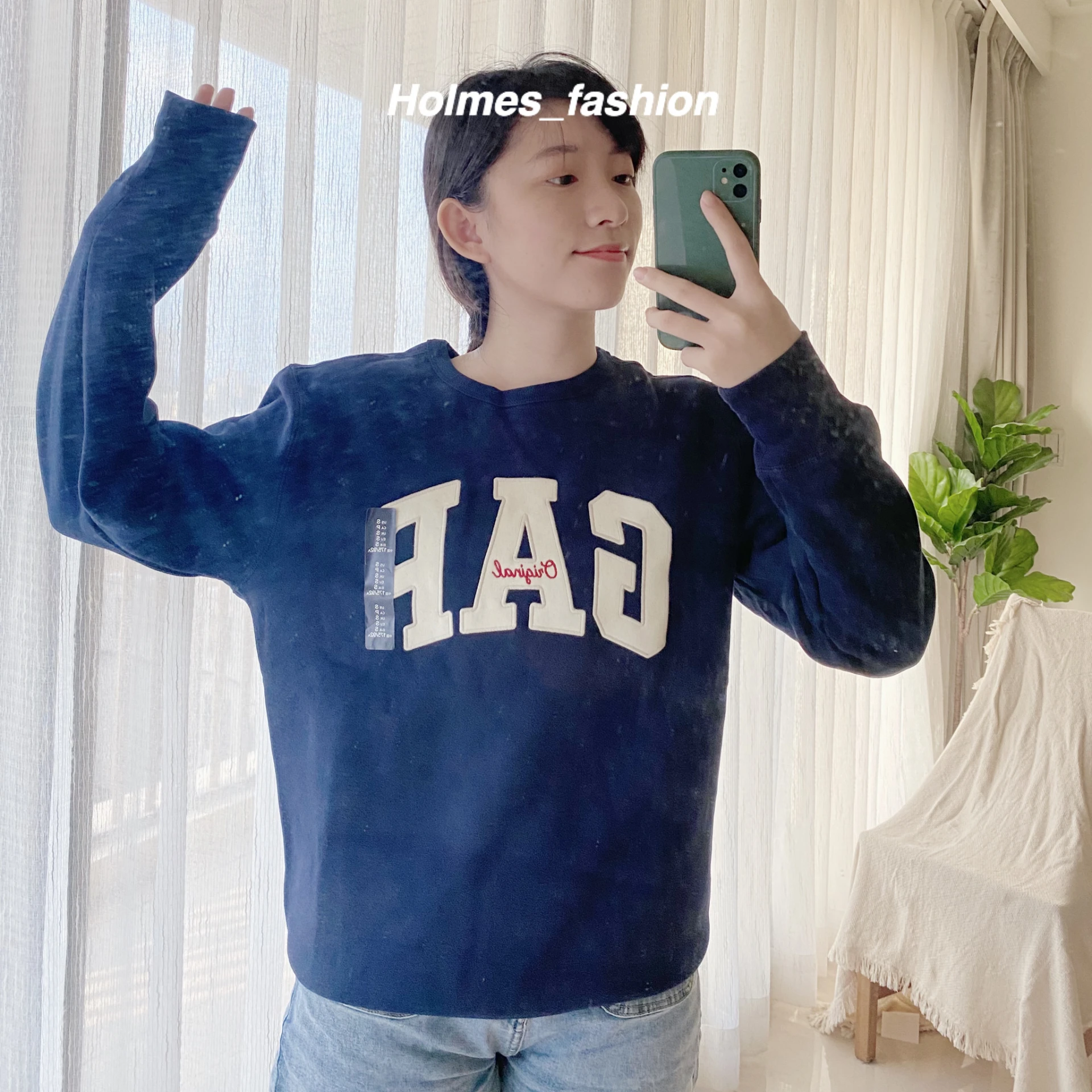 [Holmes]GAP 刷毛刺繡 男版圓領大學踢 深藍S