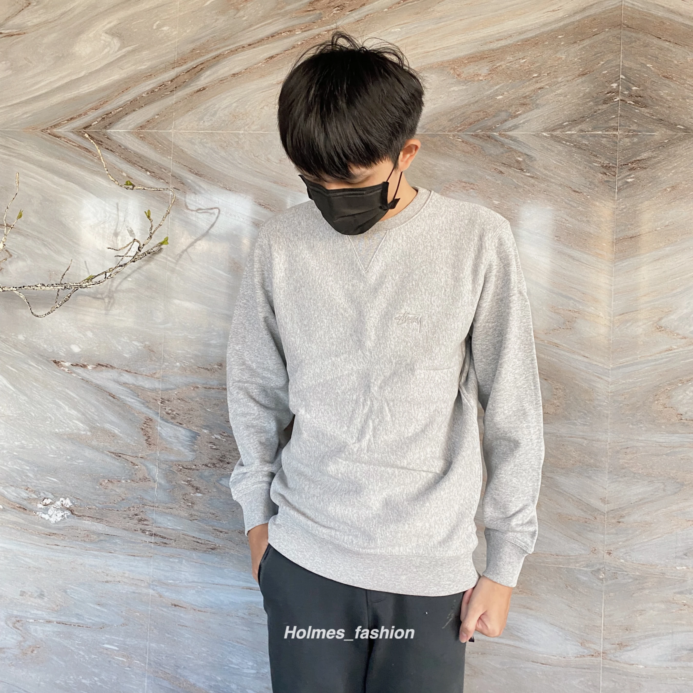 [Holmes]STUSSY 刷毛 刺繡LOGO 灰色 大學踢 現貨