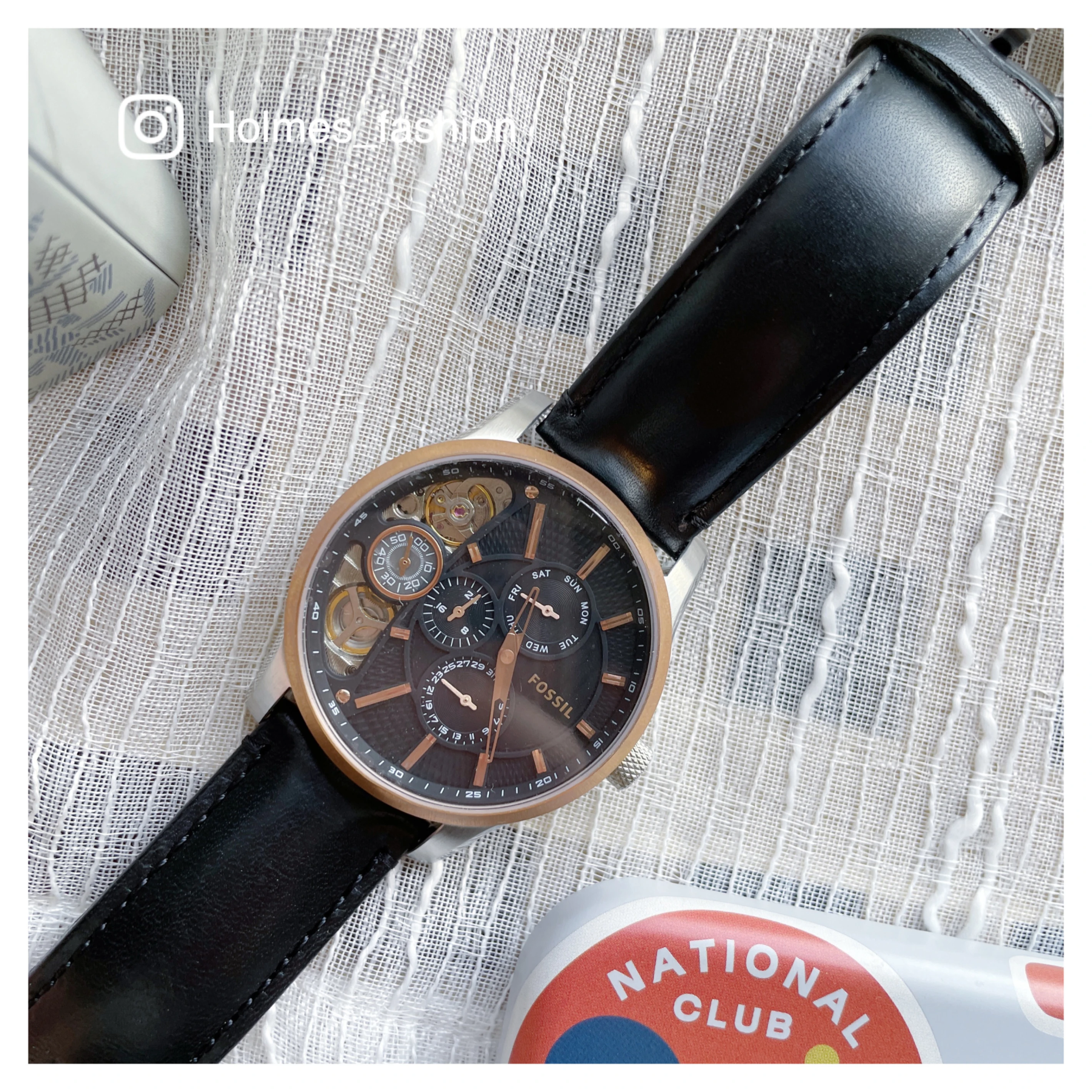 [Holmes]FOSSIL 手錶 ME1099 真皮黑錶帶 玫瑰金框 42mm