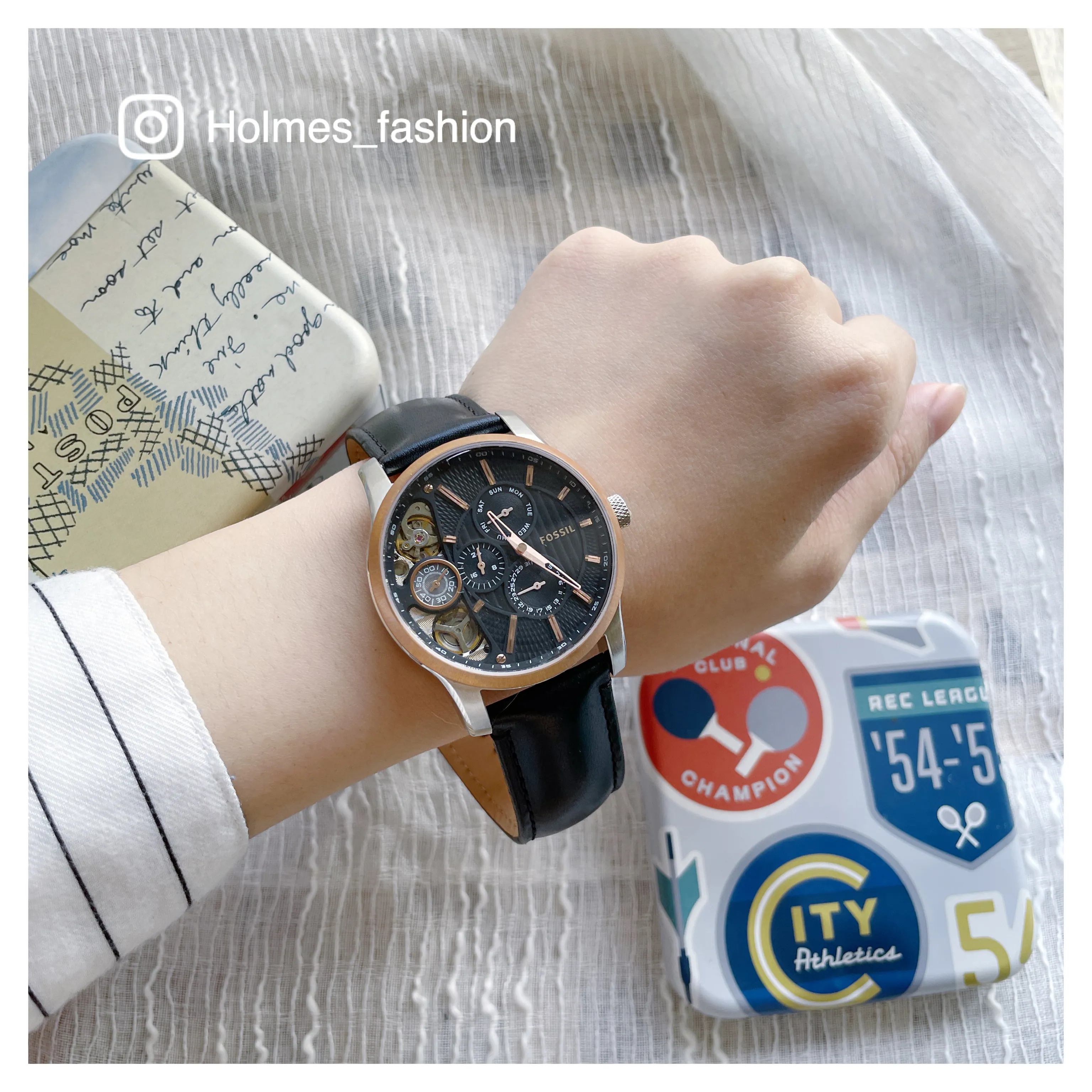 [Holmes]FOSSIL 手錶 ME1099 真皮黑錶帶 玫瑰金框 42mm