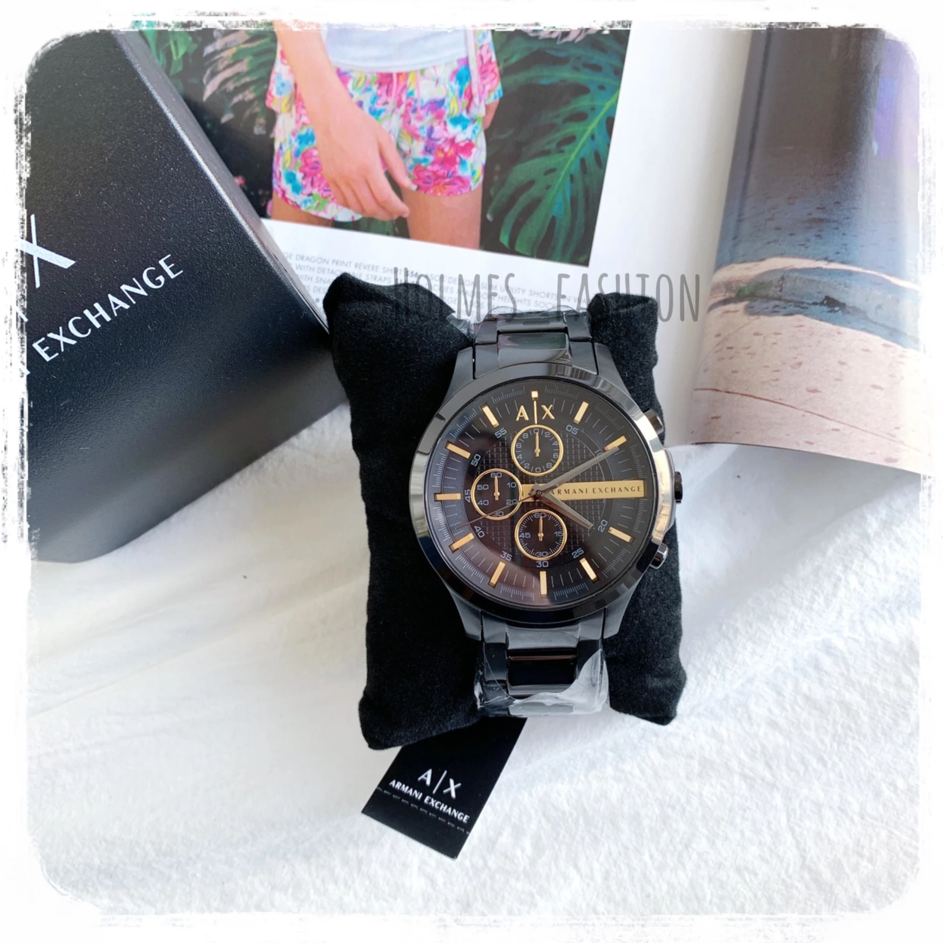 Armani Exchange AX2164 黑金三眼男錶鋼錶帶