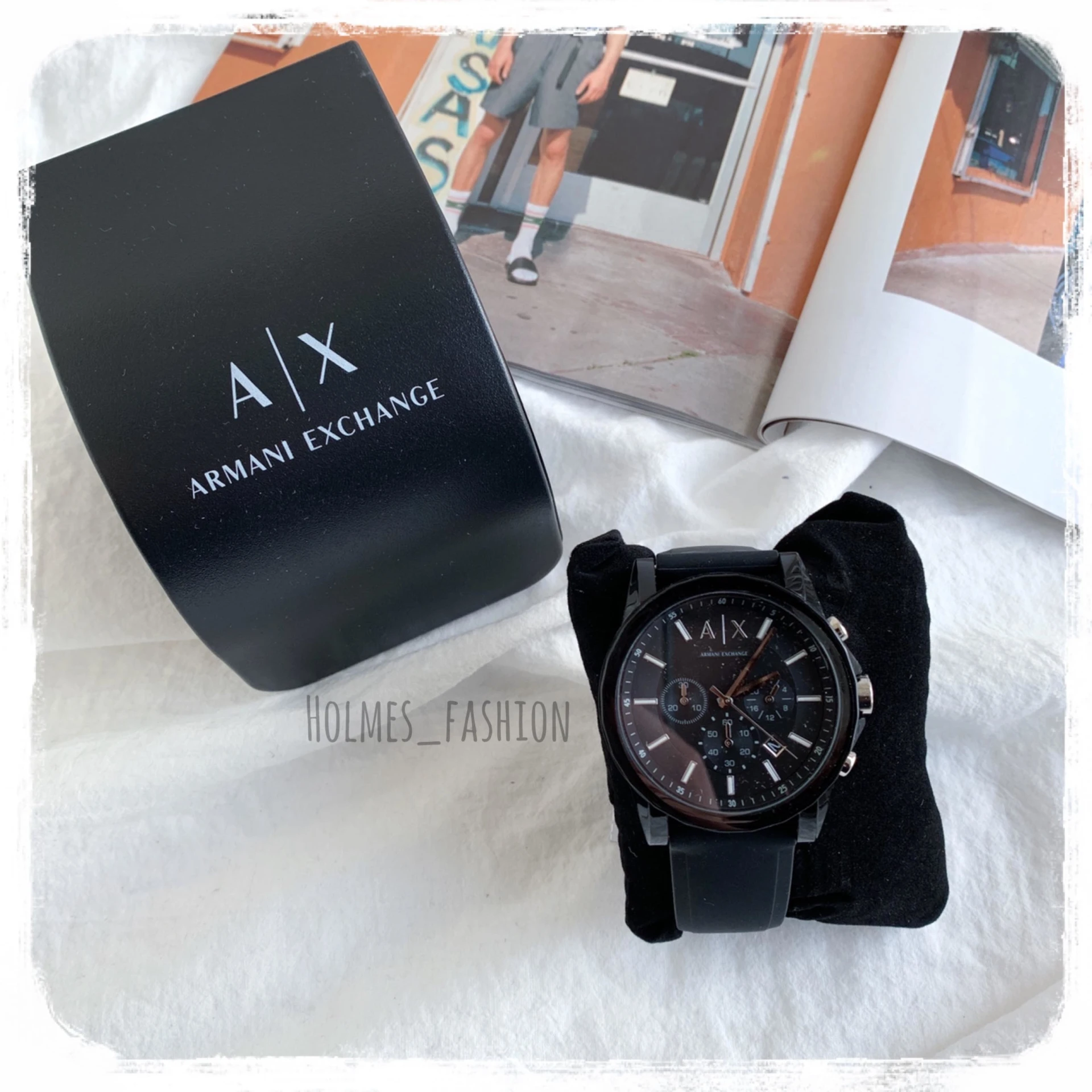 Armani Exchange AX1326 黑銀三眼男錶矽膠錶帶
