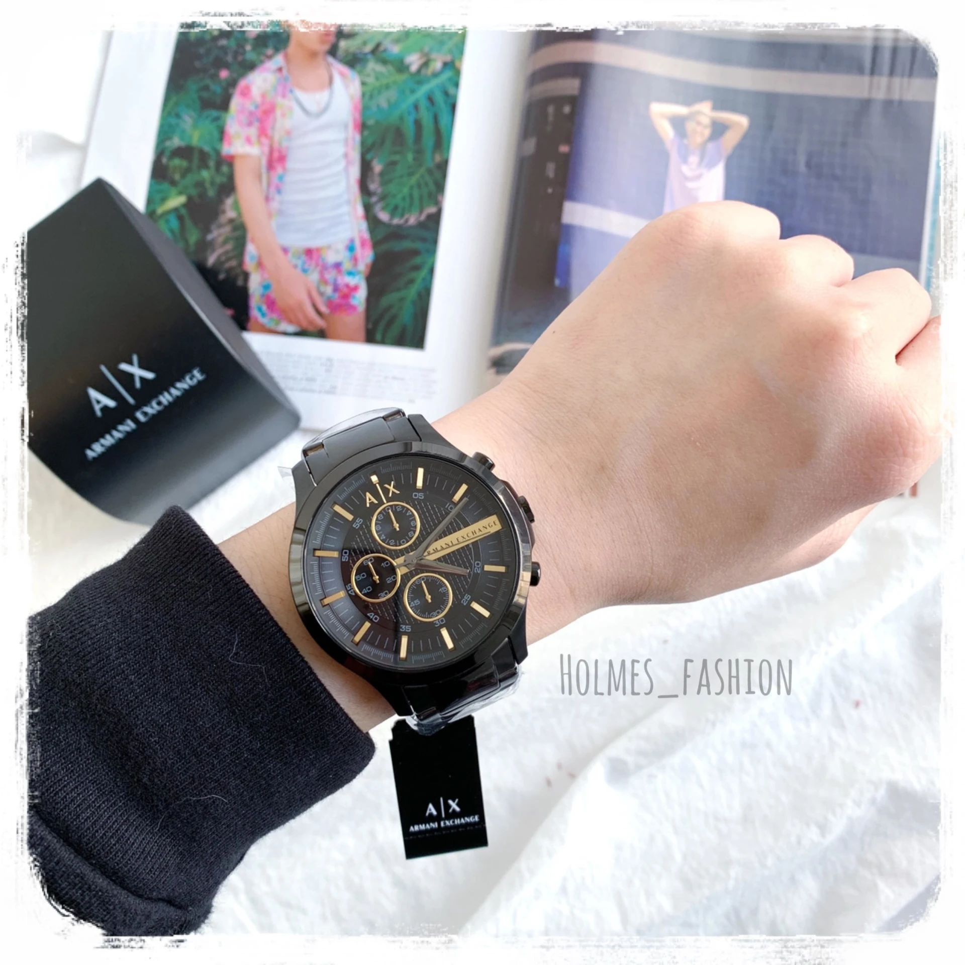 Armani Exchange AX2164 黑金三眼男錶鋼錶帶