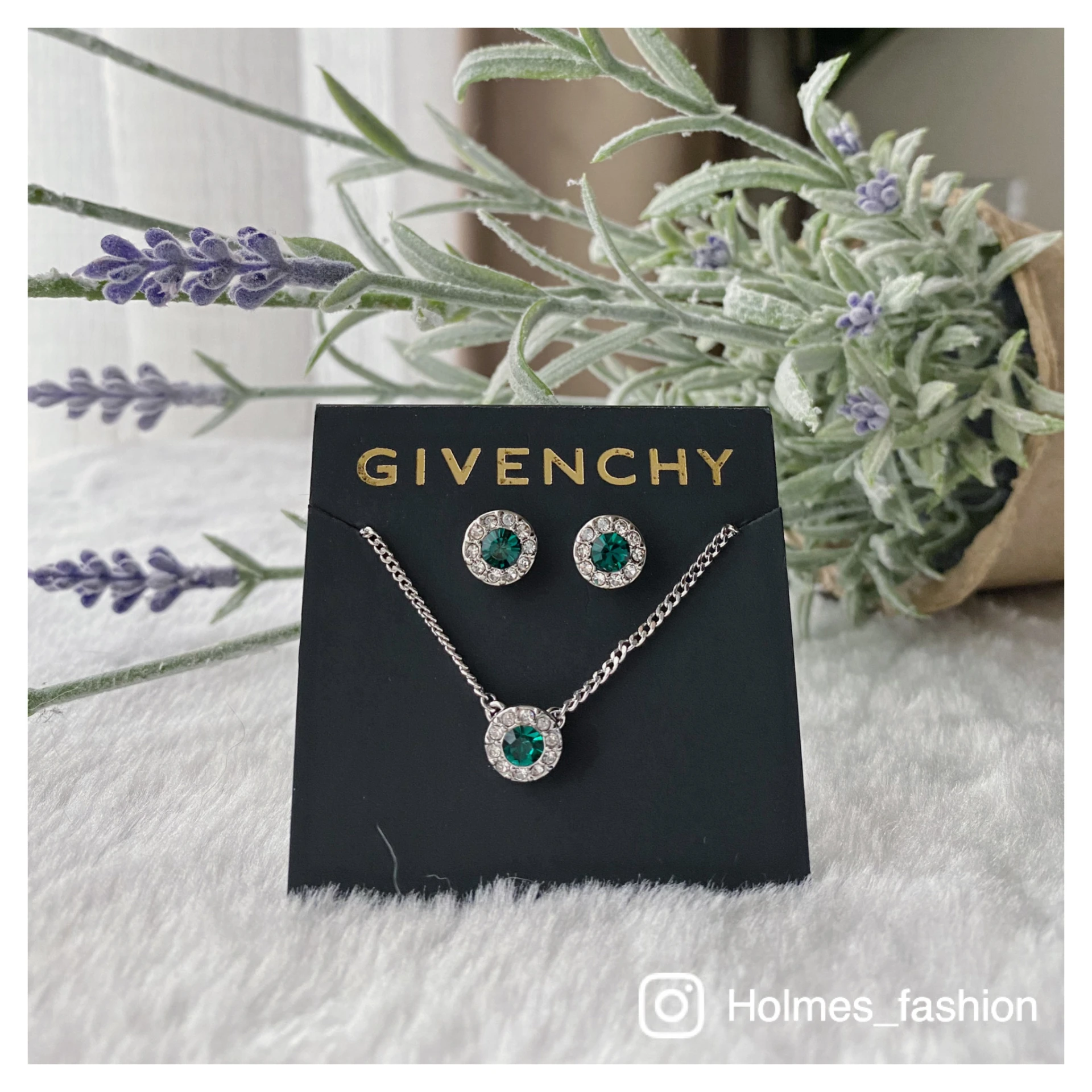 [Holmes]GIVENCHY 紀凡希 施華洛世奇水晶 項鍊耳環組 淡粉/祖母綠