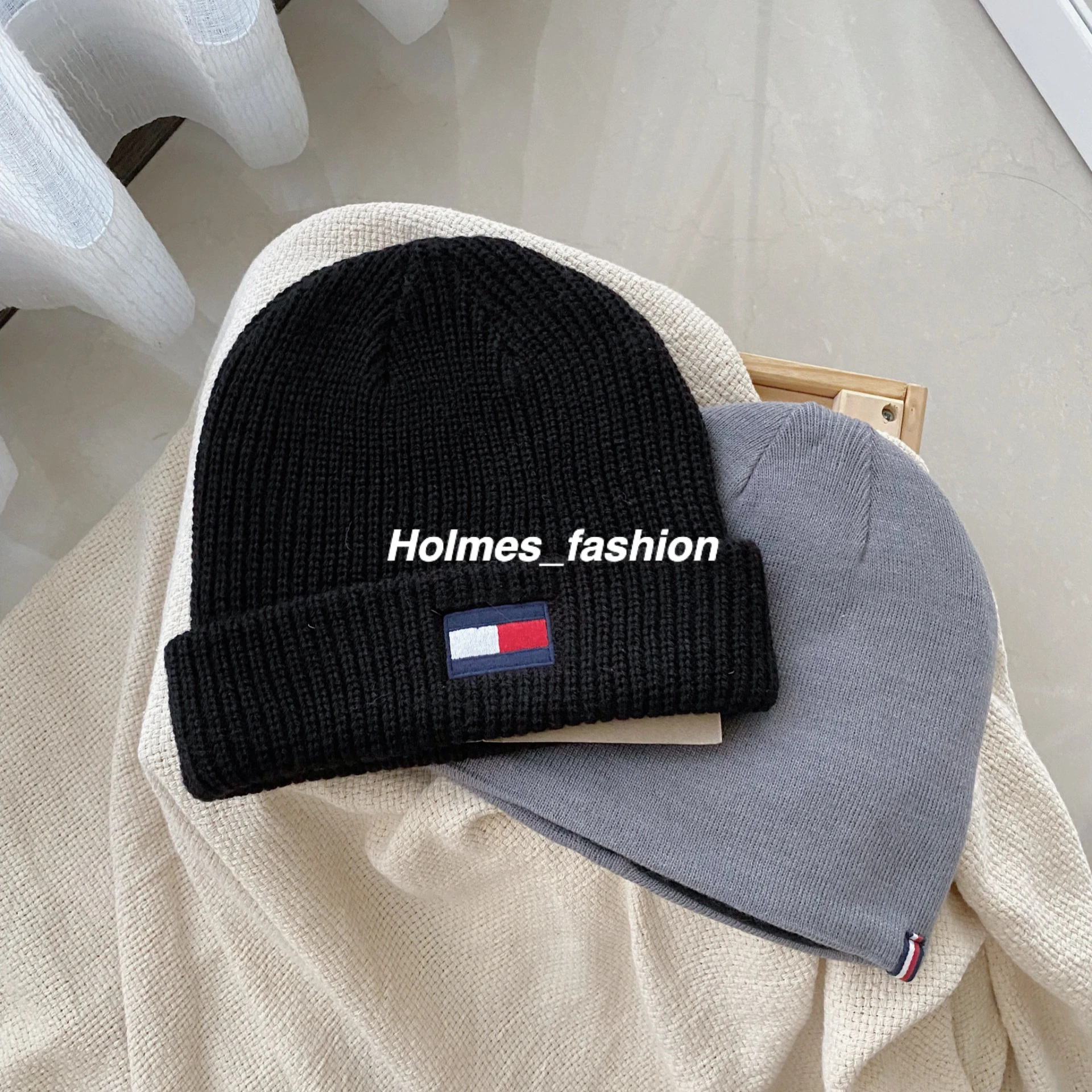 [Holmes]TOMMY HILFIGER 成人版 毛線帽 針織帽 毛帽 一組兩色 毛線黑色 針織灰色