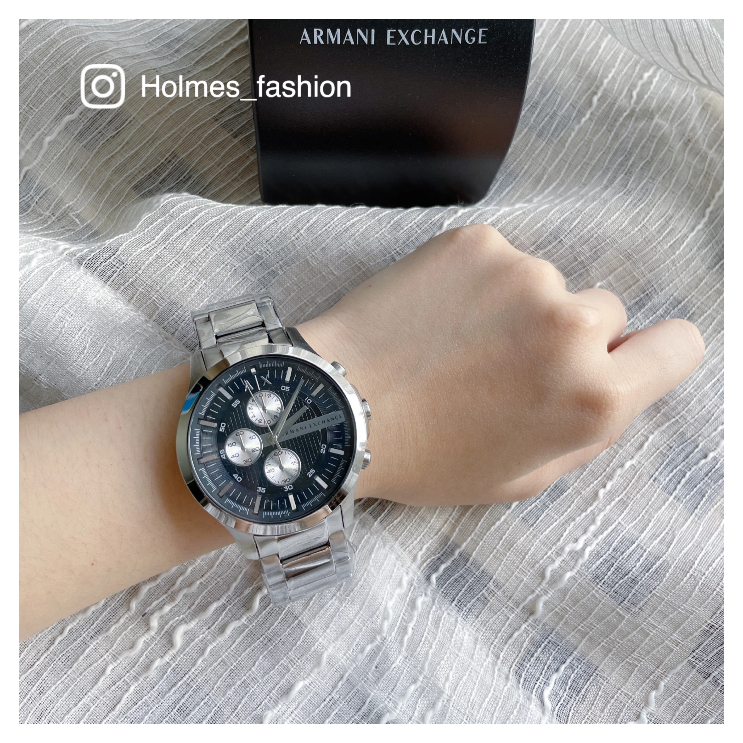 [Holmes]ARMANI EXCHANGE 三眼男錶 都會計時鋼帶錶 翱翔天際 AX2152  黑/銀