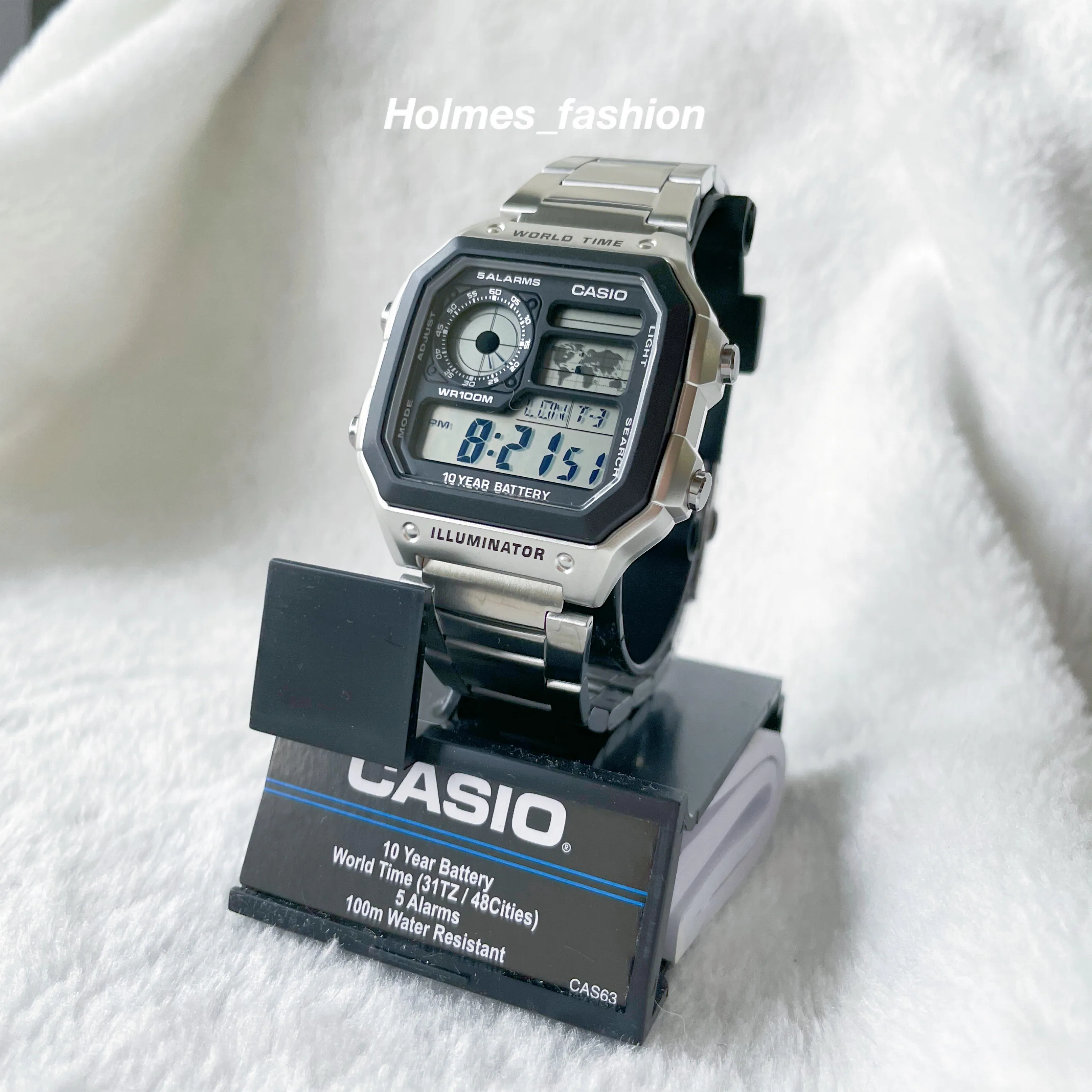 [Holmes]CASIO 卡西歐 世界地圖錶 不鏽鋼 數位錶 手錶 十年電力 AE-1200WHD 42mm