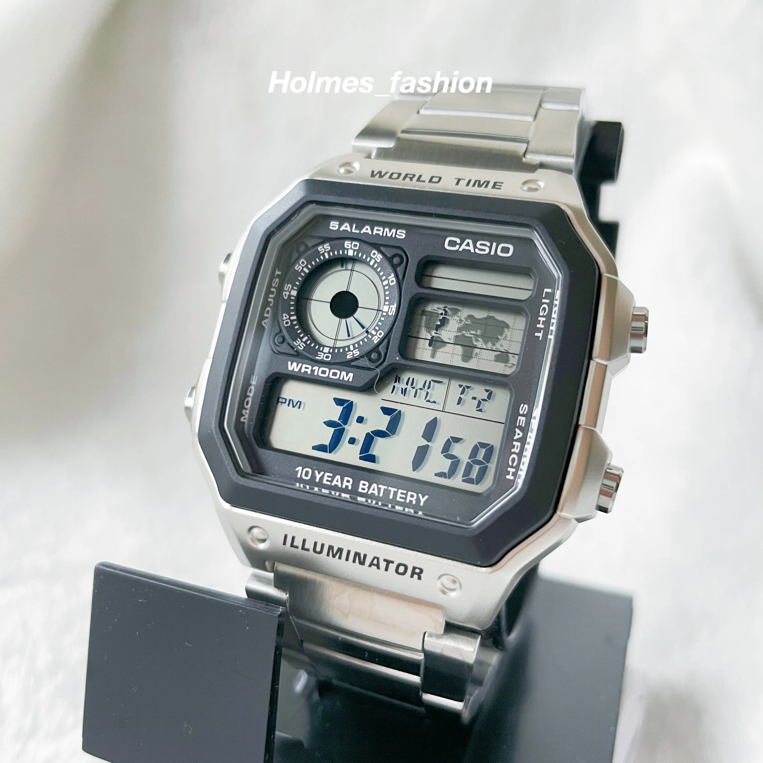 [Holmes]CASIO 卡西歐 世界地圖錶 不鏽鋼 數位錶 手錶 十年電力 AE-1200WHD 42mm