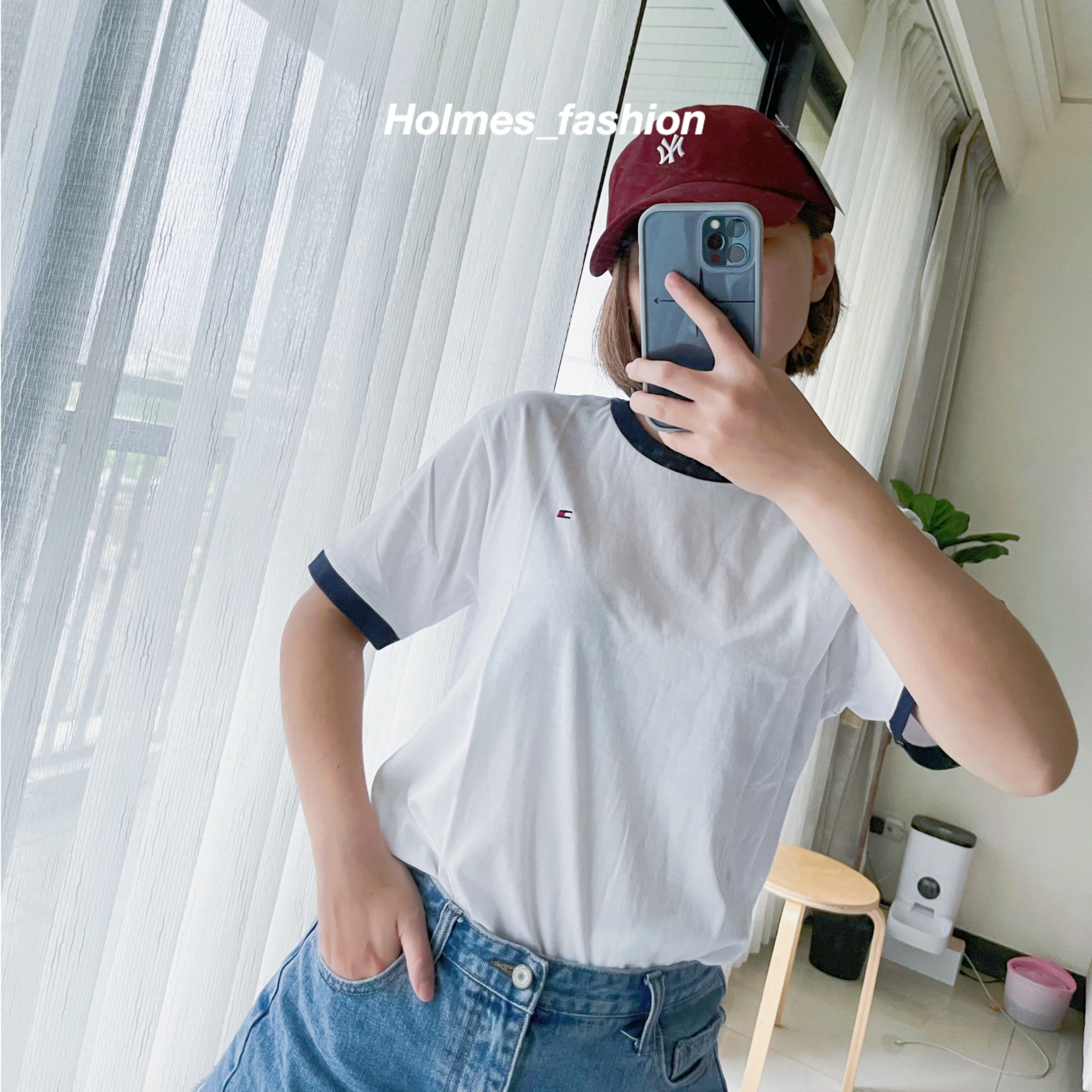 [Holmes]TOMMY 滾邊 素色 小刺繡LOGO 白 灰 大童款(青年款) 短袖 素TEE 短TEE 上衣