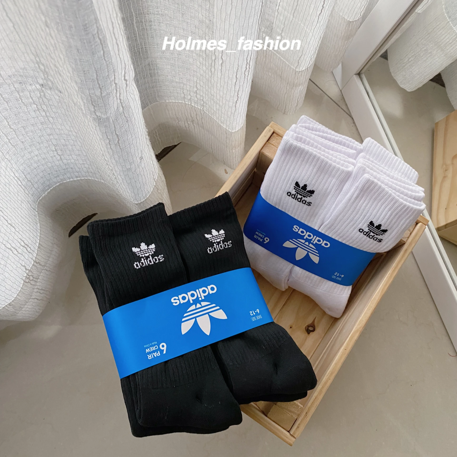 [Holmes]ADIDAS ORIGINALS 三葉草 長襪 長筒襪 白色 / 黑色 六件組