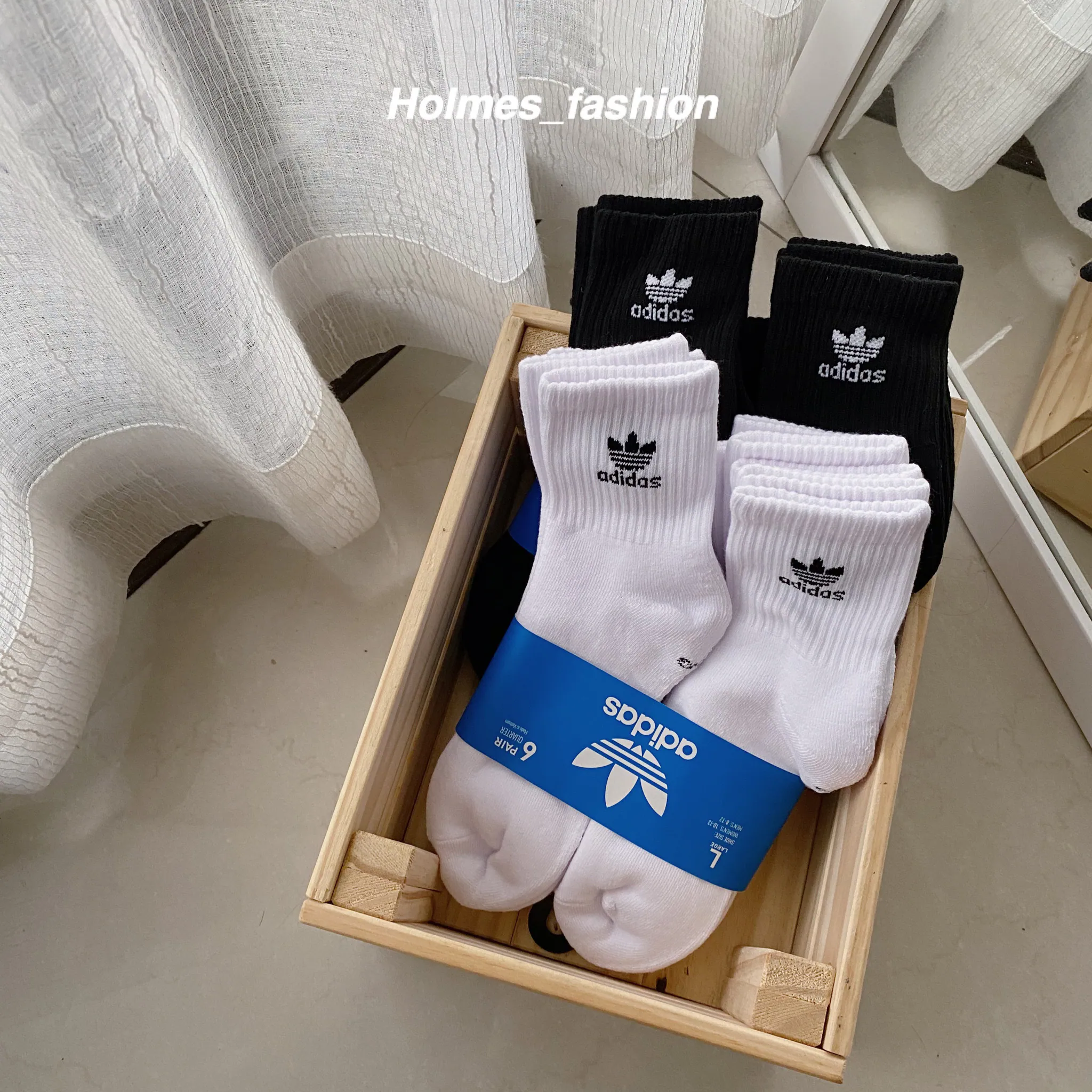 [Holmes]ADIDAS ORIGINALS 三葉草 中筒襪 白色 / 黑色 六件組 襪子