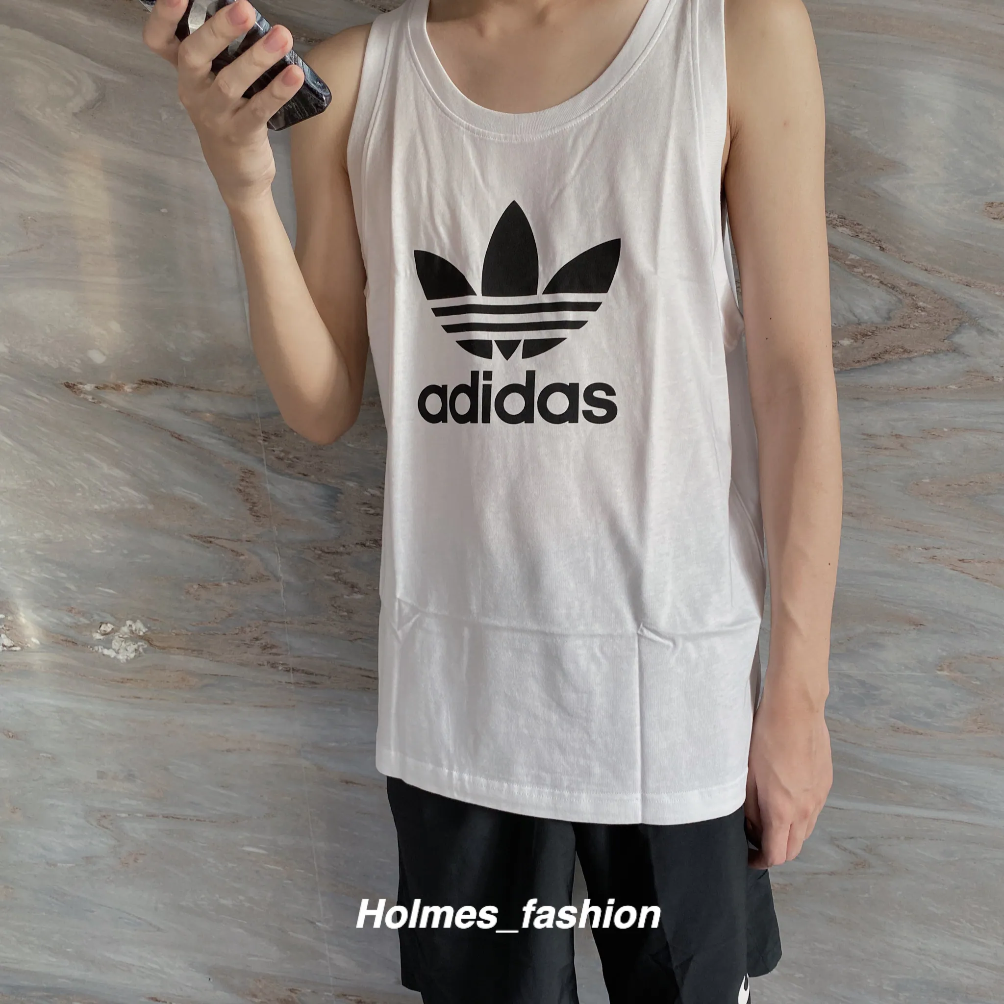[Holmes]ADIDAS TREFOIL TANK TOP 男裝 背心 慢跑 訓練 棉質 黑LOGO 白 DV1508