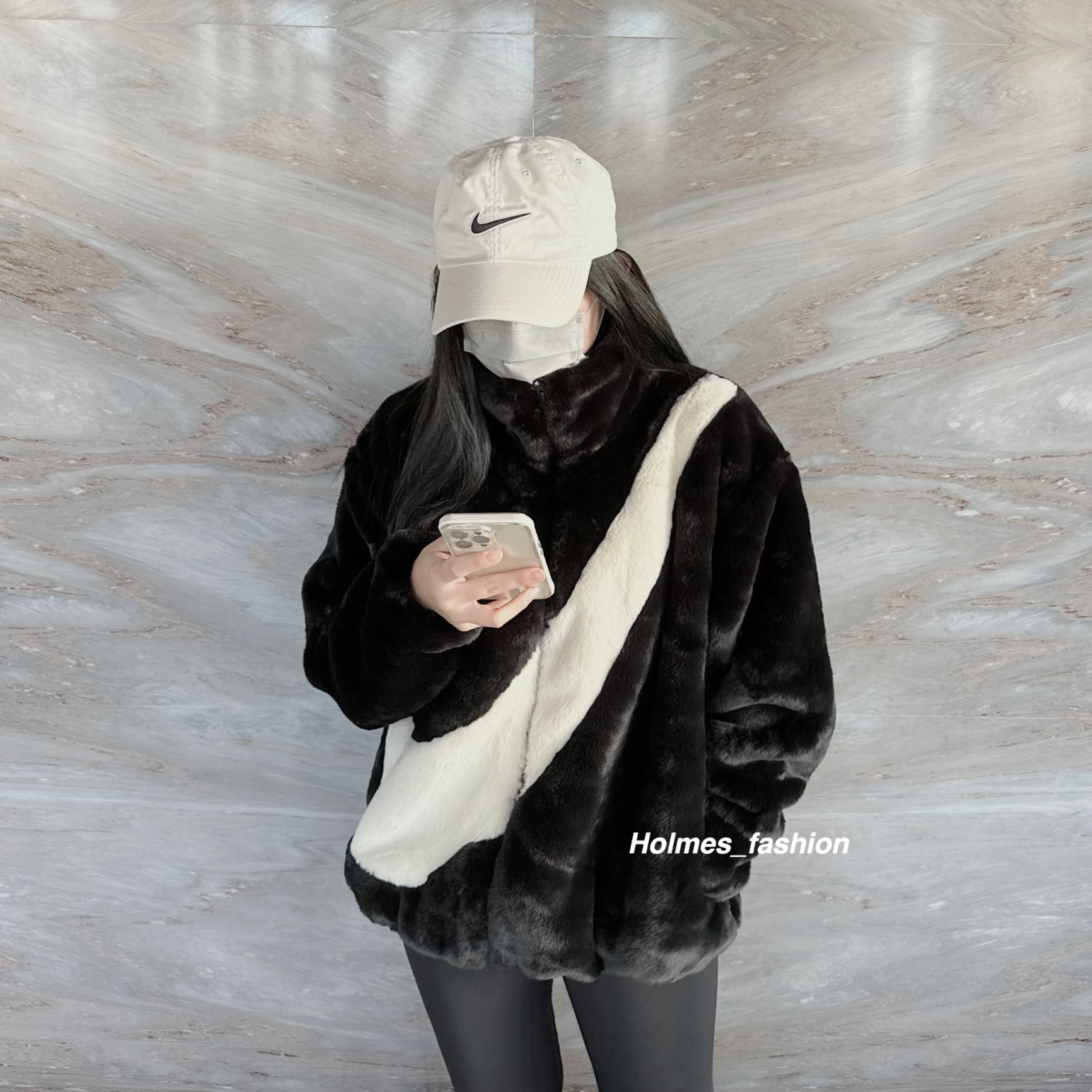 [Holmes]NIKE FAUX FUR JACKET 大勾外套 人造 皮草 黑白 / 寶寶藍 絨毛外套  CU6559 / DO3792
