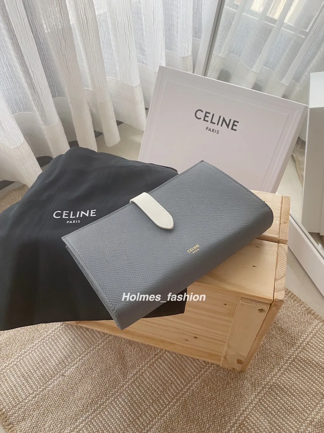 [Holmes]CELINE 小牛皮 雙色 扣式 長夾 灰米白 拼接